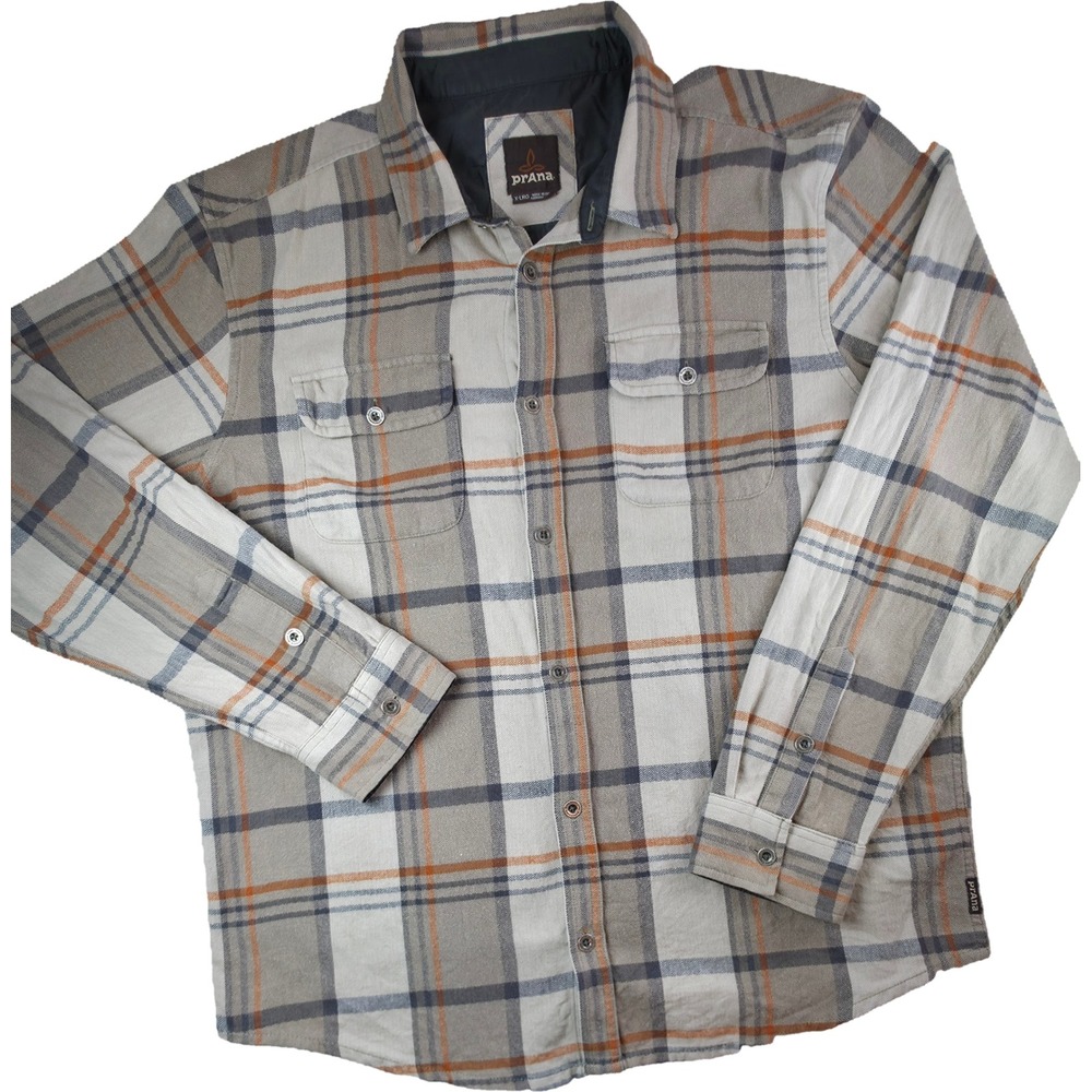 Prana Plaid Shirt Men XL Grey Orange Herringbone Flannel Excellent